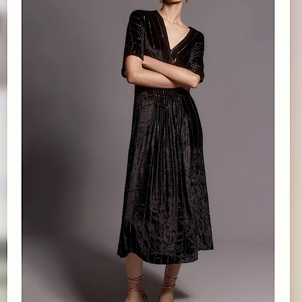 Blank London Tatiana Kaftan Short Beaded Sequin Midi‎ Dress Velvet Black OS